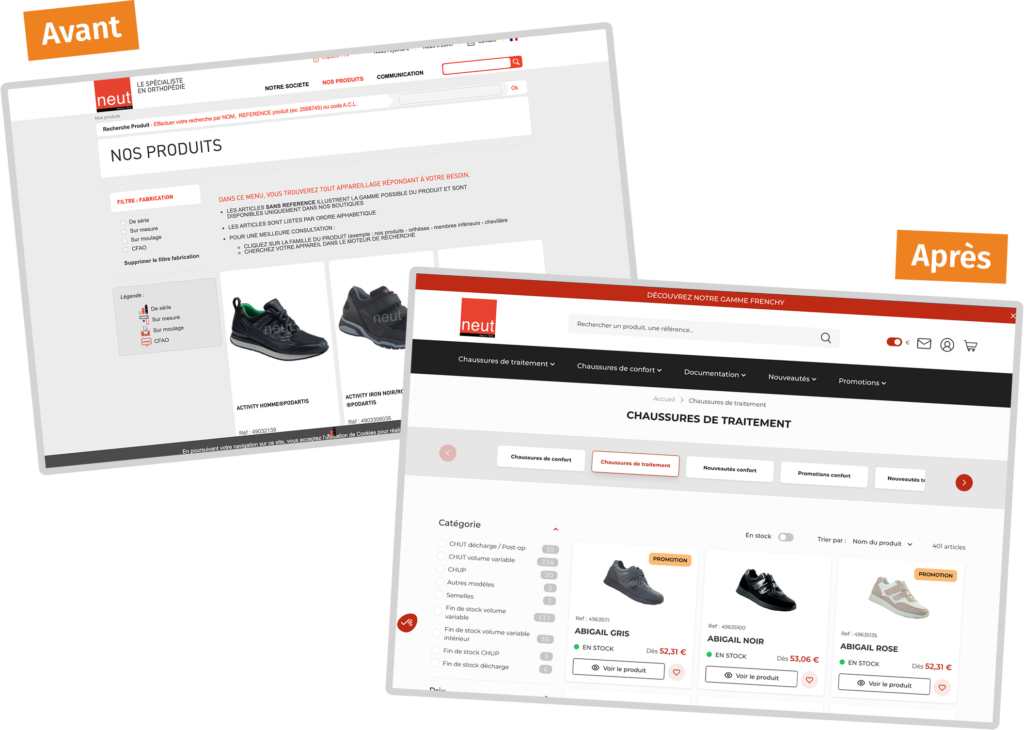 Image avant après de la refonte du site de Neut.